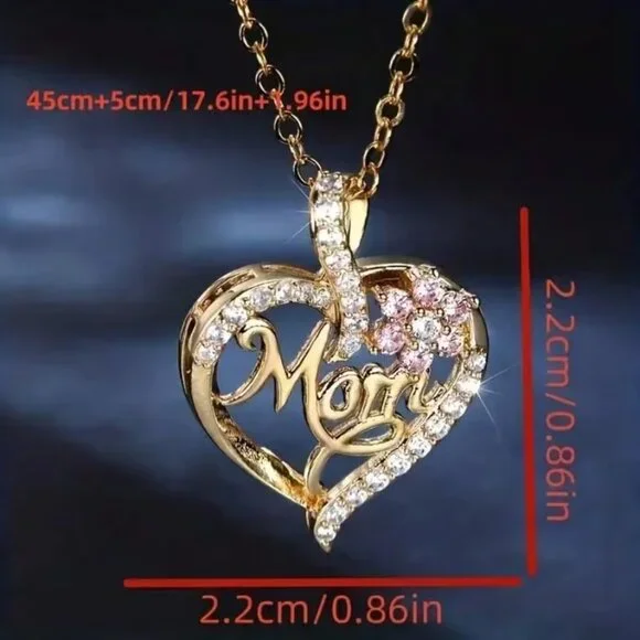 NEW "Mom" Necklace ~ Gold Tone Delicate Chain with Heart Flower Rhinestones - Picture 3 of 4